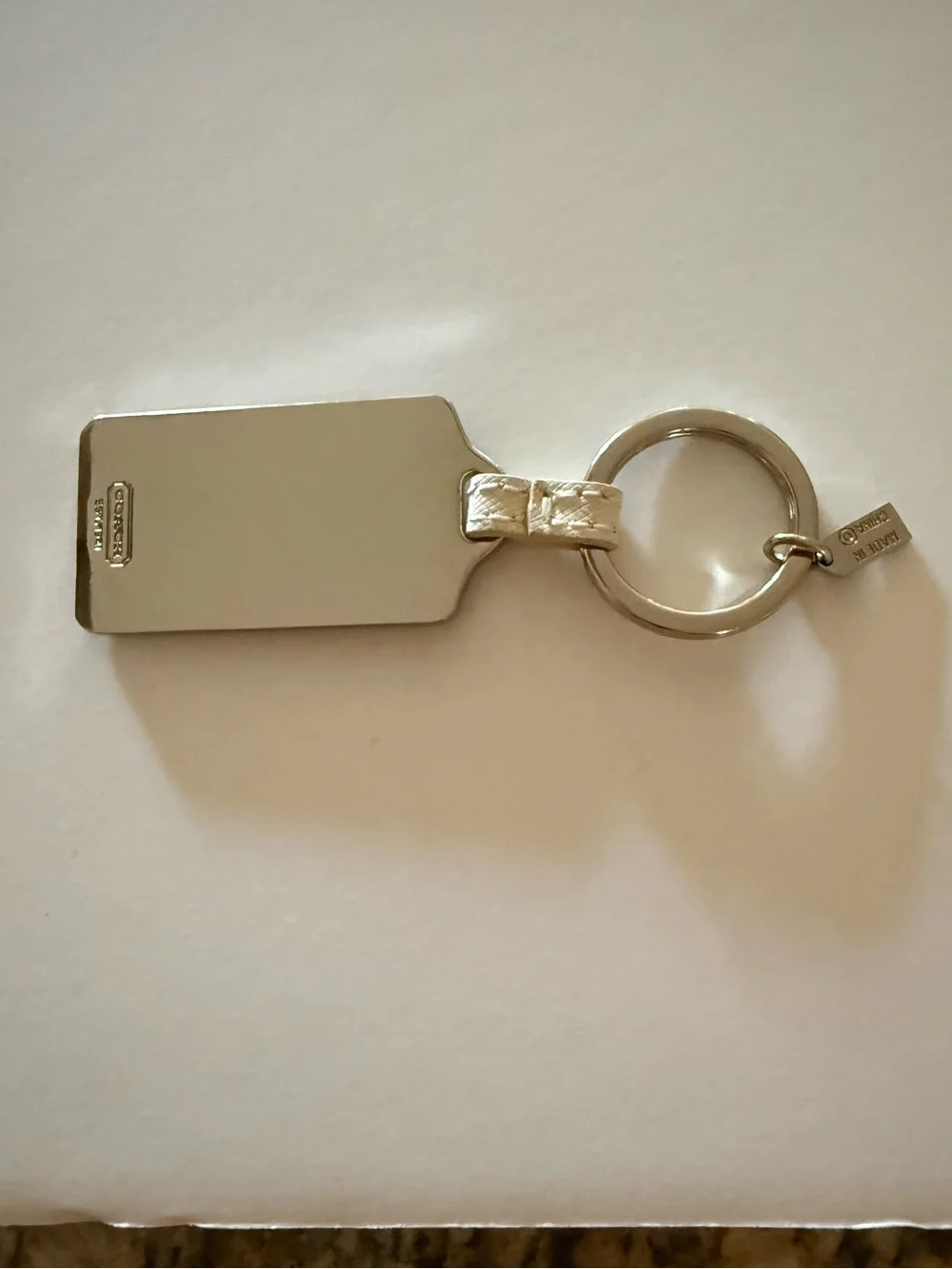 Coach Ivory Leather W Metal Back Hang Tag Key Fob Bag Charm 2” Silver Back